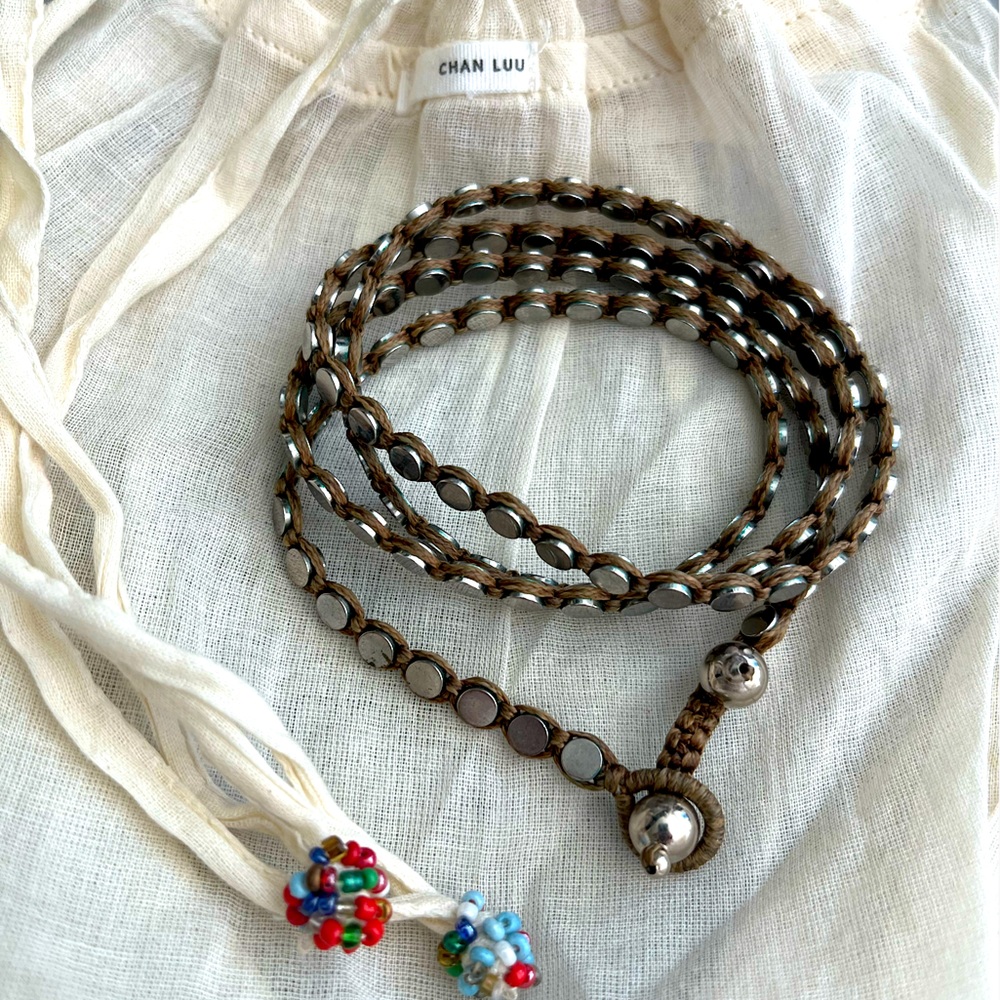 Chan LUU Stainless Steel / Leather Woven Bracelet w/linen gift bag